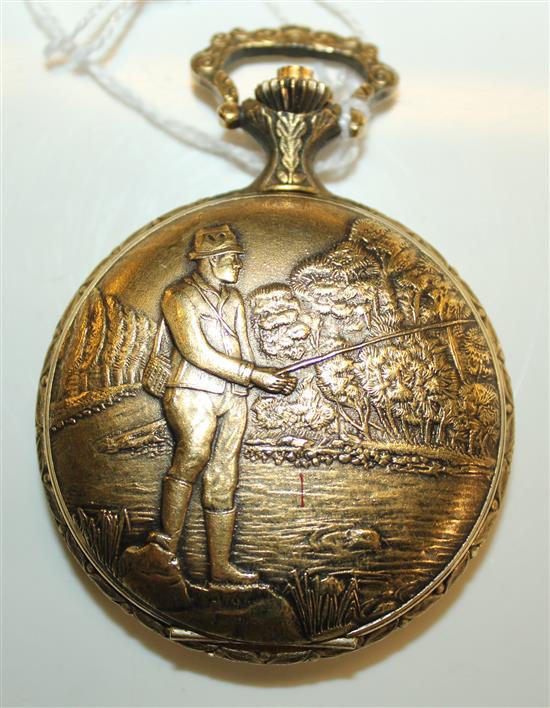 Swiss Felicitas Neuchatel gilt metal pocket watch, with embossed fishing scene